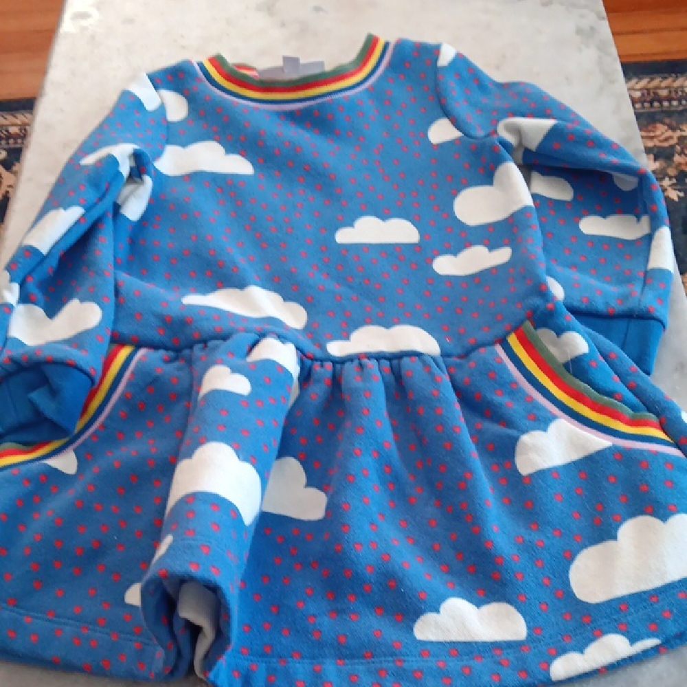 Mini Boden Blue Cloud Print Girls Sweatshirt Dress with Rainbow Trim